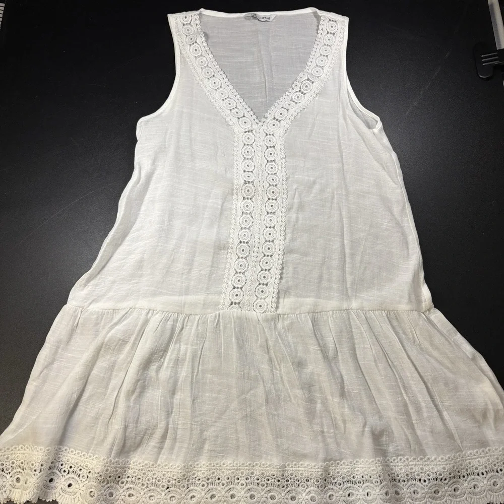 CUPSHE‎ Cover-Up Dress Small V-Neck White Boho Eyelet And Sheer